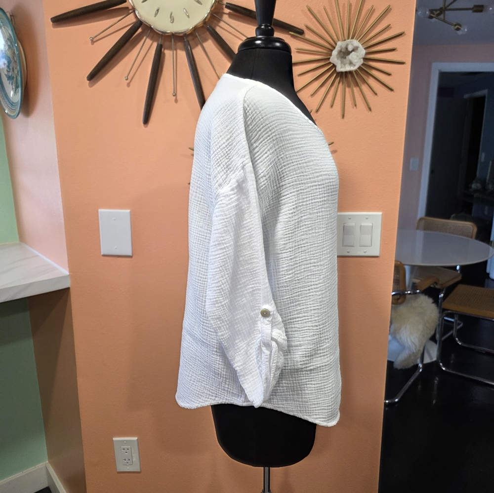 CMC By Color Me Cotton Medium White 3/4 Sleeve Relaxed Blouse Gauze Top - Picture 7 of 9